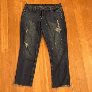 Distressed and Paint Splattered Blue Jeans